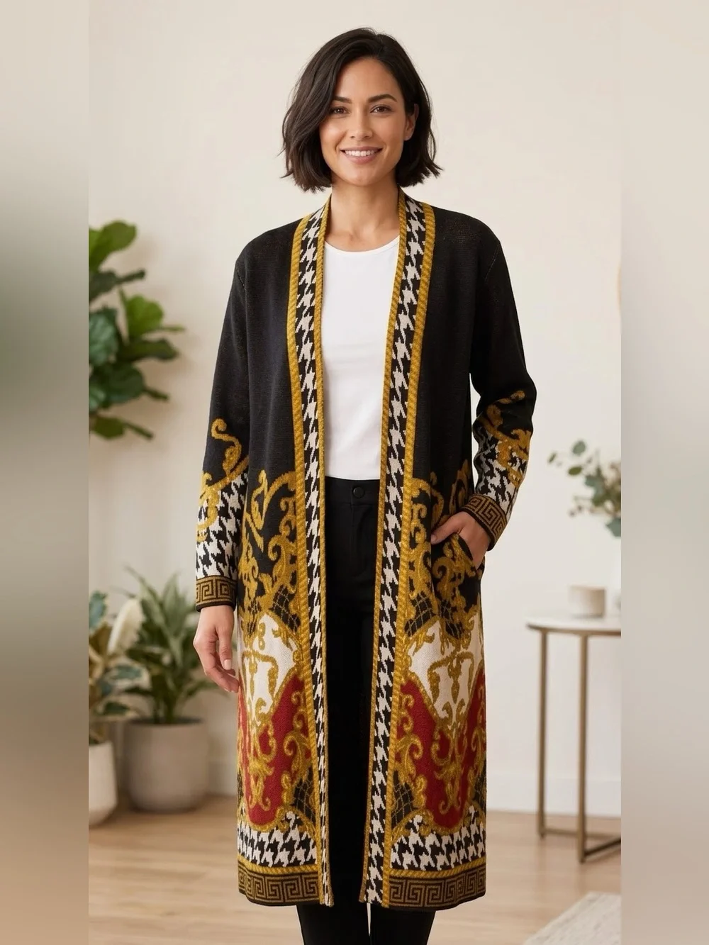 MAXSPORT Long Black & Gold Patterned Open Cardigan Sweater LARGE